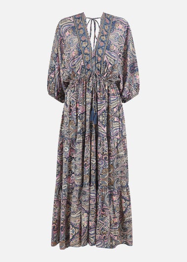 Yumi Multicolour Paisley Print Midi Kimono Dress With Tie Back