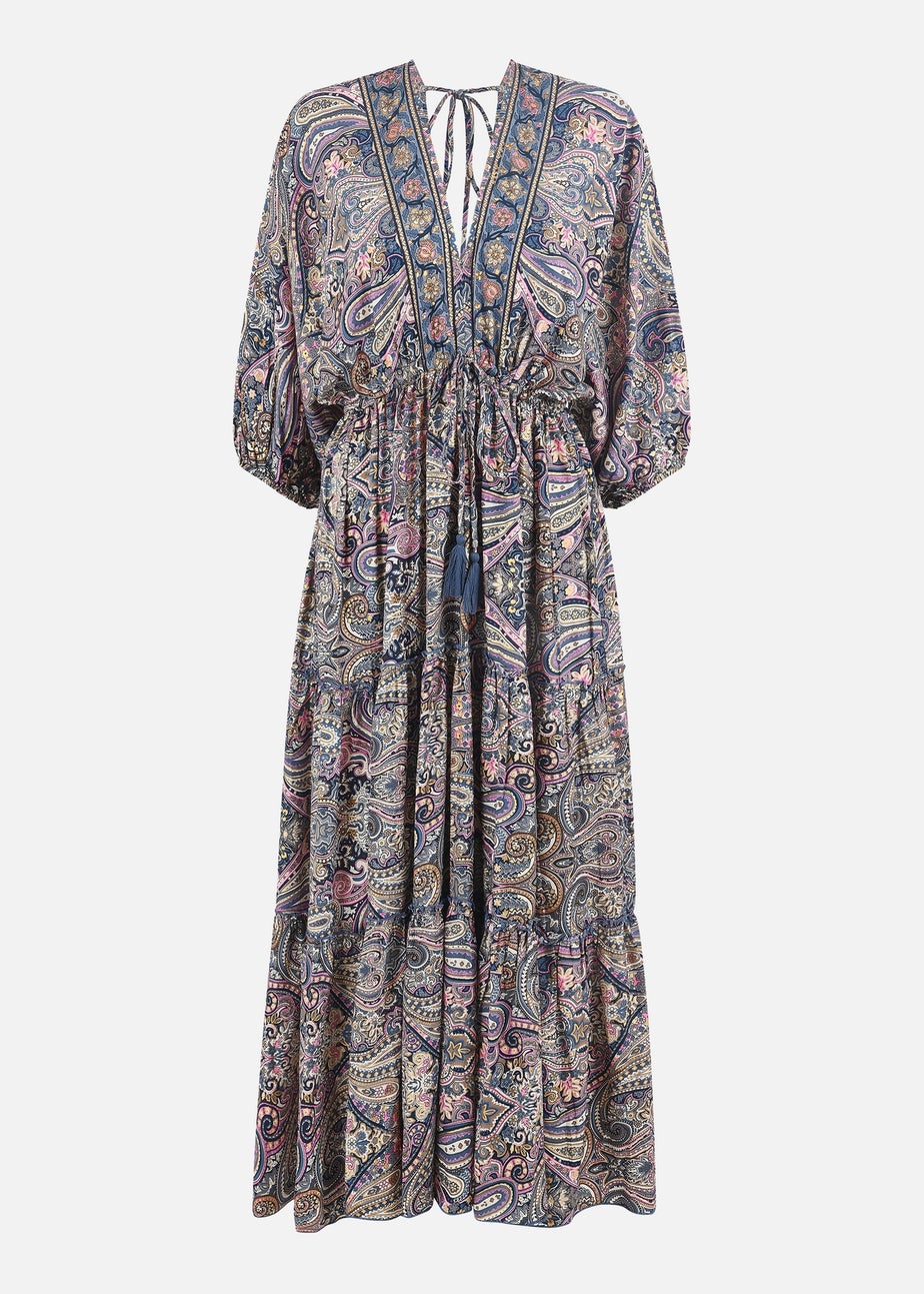 Yumi Multicolour Paisley Print Midi Kimono Dress With Tie Back