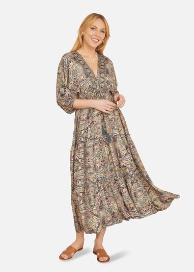 Yumi Multicolour Paisley Print Midi Kimono Dress With Tie Back