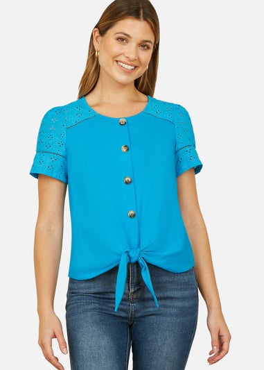 Yumi Blue Jersey Button Detail T Shirt With Broderie Anglaise Sleeves & Tie Front