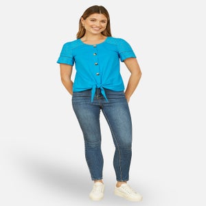 Yumi Blue Jersey Button Detail T Shirt With Broderie Anglaise Sleeves & Tie Front