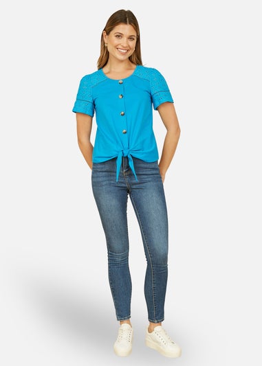 Yumi Blue Jersey Button Detail T Shirt With Broderie Anglaise Sleeves & Tie Front