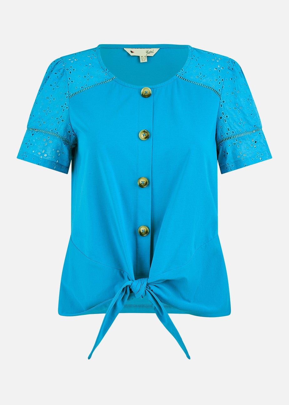 Yumi Blue Jersey Button Detail T Shirt With Broderie Anglaise Sleeves & Tie Front