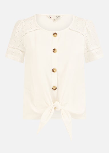 Yumi White Jersey Button Detail T Shirt With Broderie Anglaise Sleeves & Tie Front