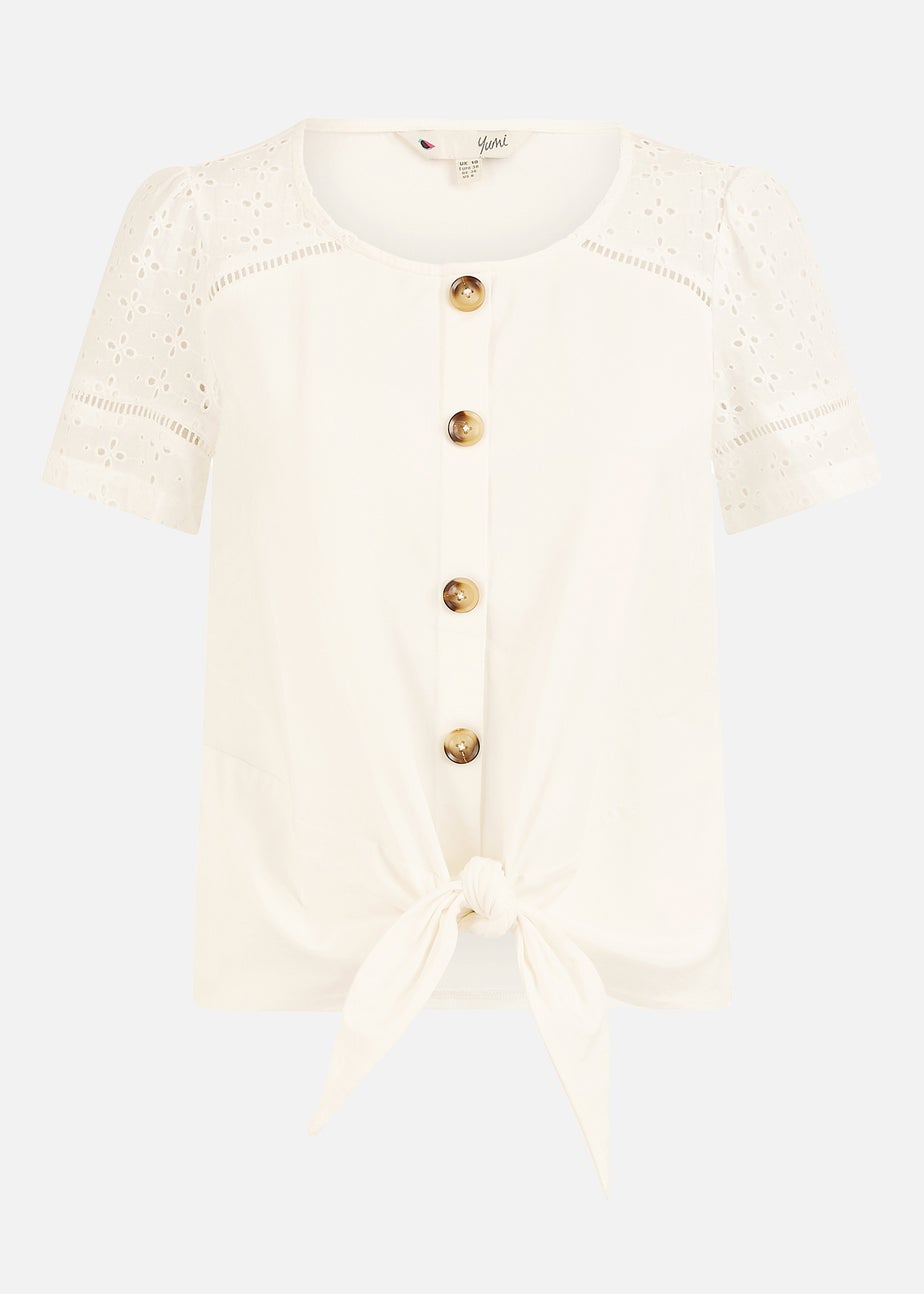 Yumi White Jersey Button Detail T Shirt With Broderie Anglaise Sleeves & Tie Front