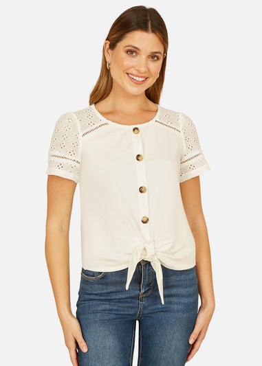 Yumi White Jersey Button Detail T Shirt With Broderie Anglaise Sleeves & Tie Front