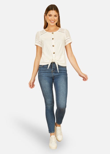 Yumi White Jersey Button Detail T Shirt With Broderie Anglaise Sleeves & Tie Front