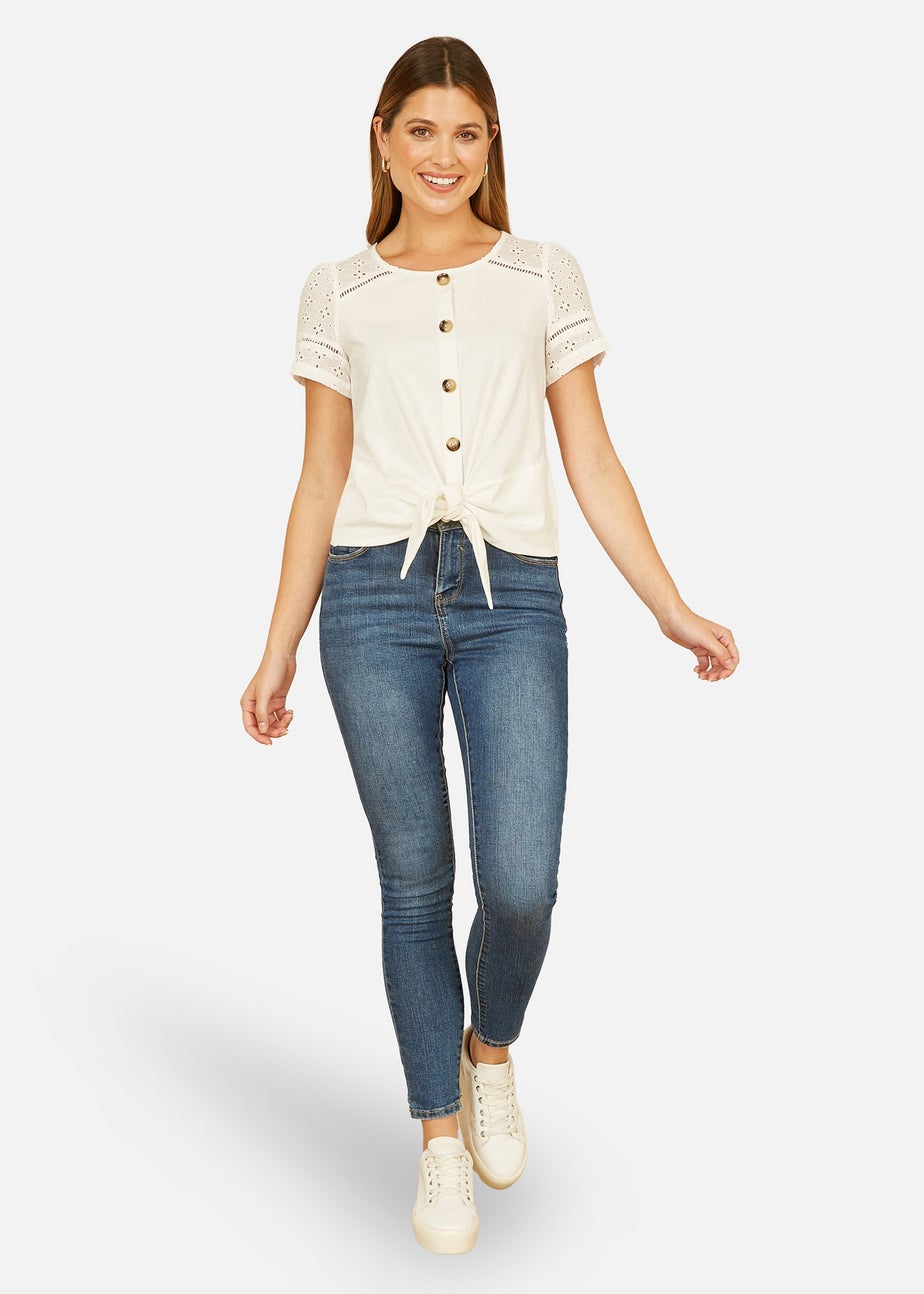 Yumi White Jersey Button Detail T Shirt With Broderie Anglaise Sleeves & Tie Front