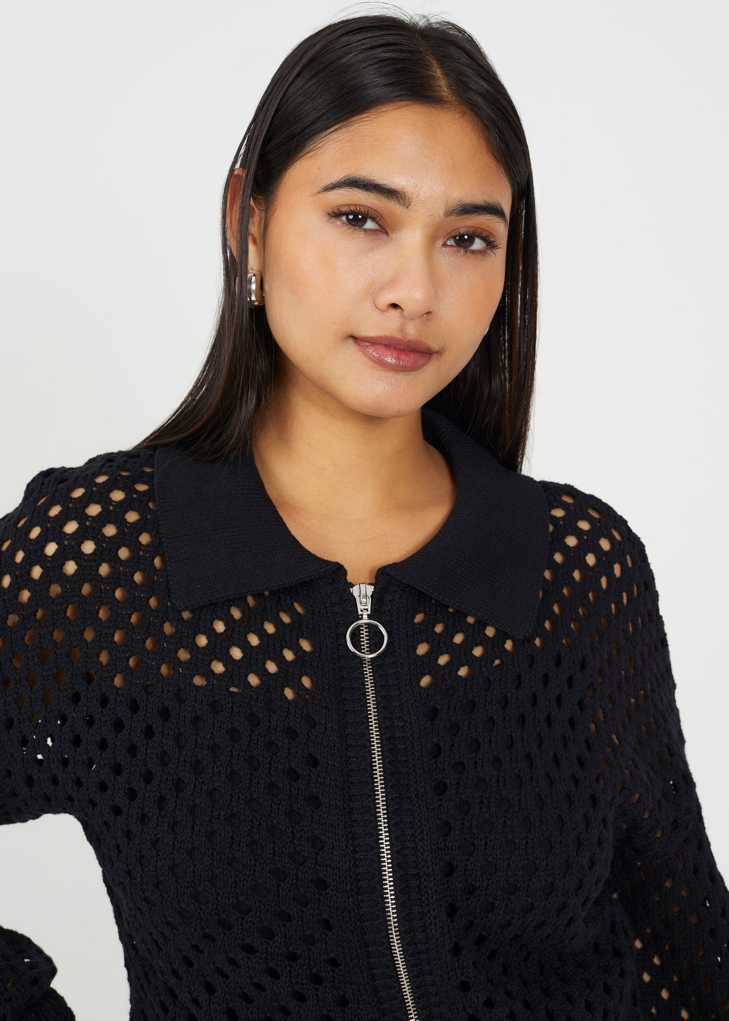 Brave Soul Black Crochet Knit Zip Through Cardigan - Matalan