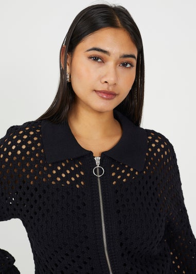 Brave Soul Black Crochet Knit Zip Through Cardigan