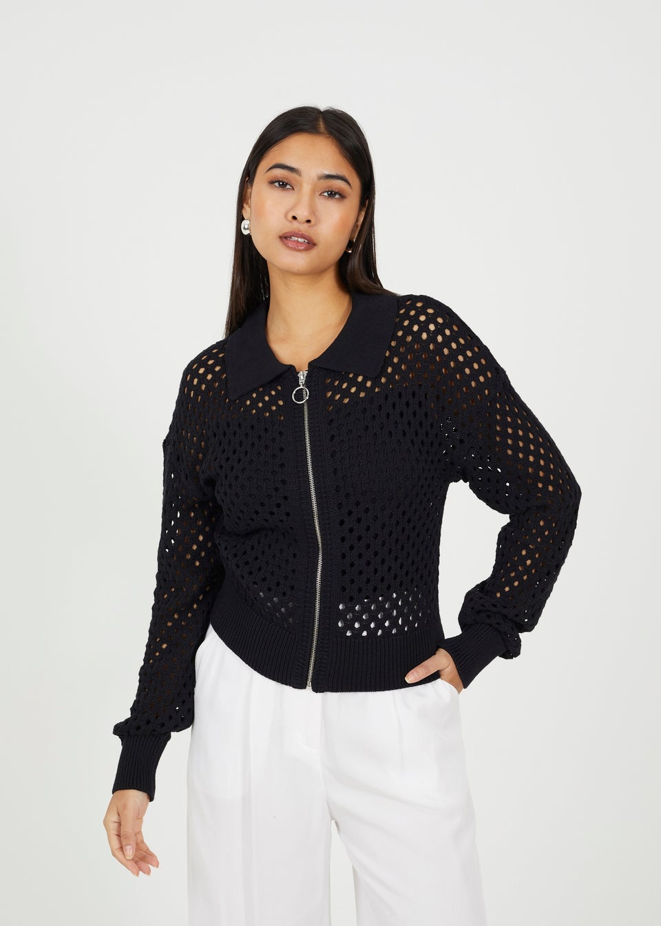 Brave Soul Black Crochet Knit Zip Through Cardigan