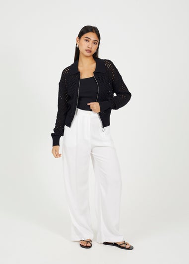 Brave Soul Black Crochet Knit Zip Through Cardigan