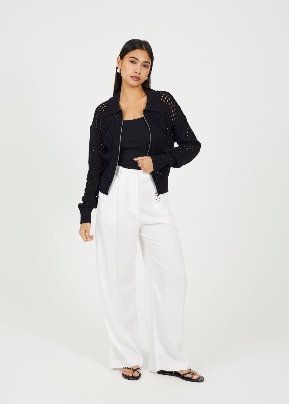 Brave Soul Black Crochet Knit Zip Through Cardigan