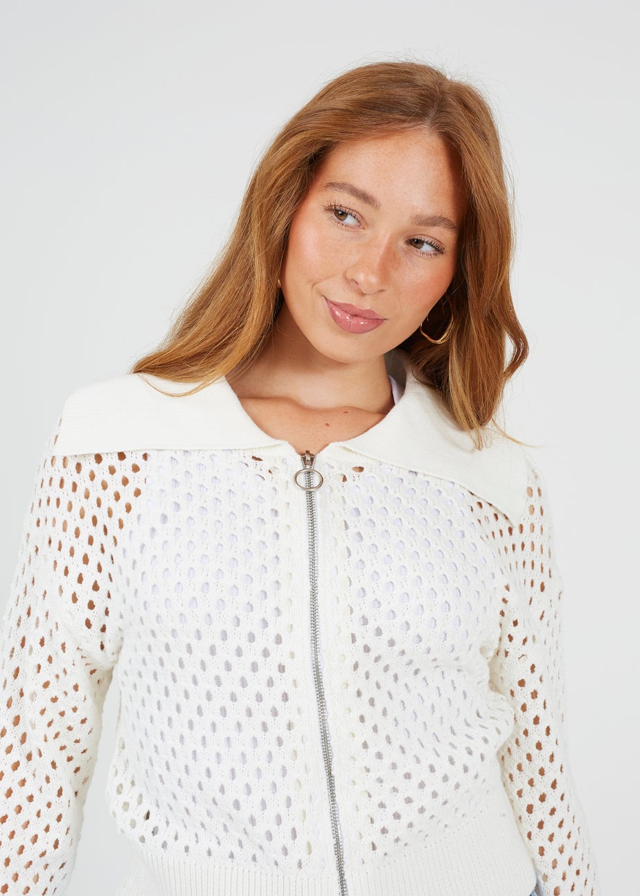 Brave Soul White Crochet Knit Zip Through Cardigan