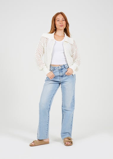 Brave Soul White Crochet Knit Zip Through Cardigan