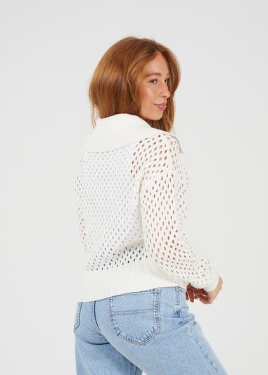 Brave Soul White Crochet Knit Zip Through Cardigan