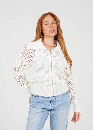 Brave Soul White Crochet Knit Zip Through Cardigan