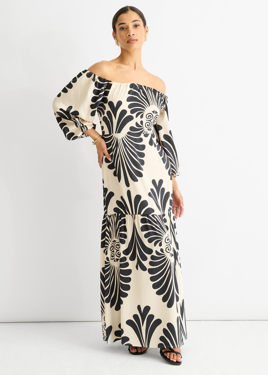 Gini London Cream Bardot Mono Print Maxi Dress