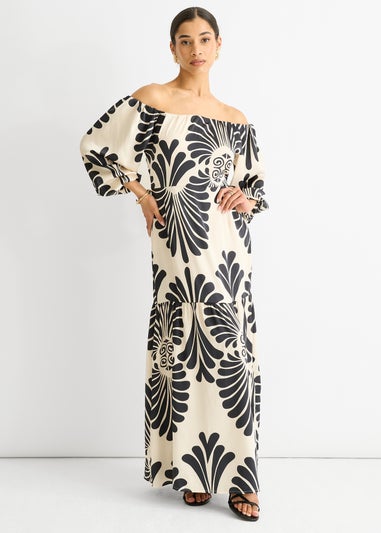 Gini London Cream Bardot Mono Print Maxi Dress