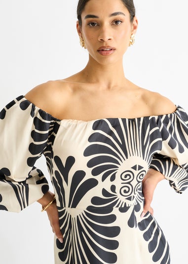 Gini London Cream Bardot Mono Print Maxi Dress