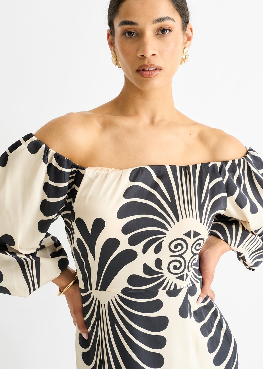 Gini London Cream Bardot Mono Print Maxi Dress