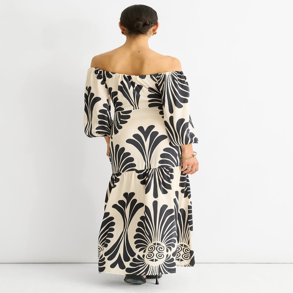 Gini London Cream Bardot Mono Print Maxi Dress