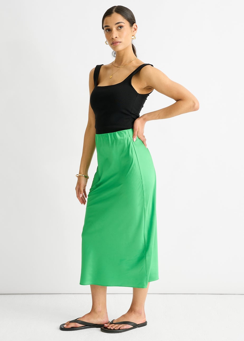 Gini London Green Satin High Waist Midi Skirt