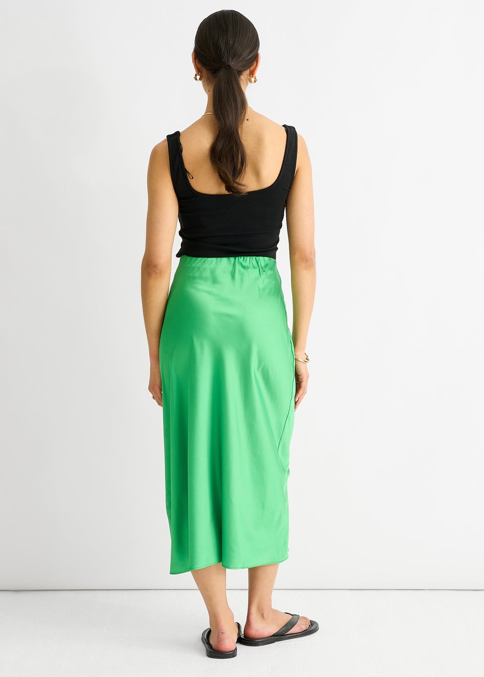 Gini London Green Satin High Waist Midi Skirt