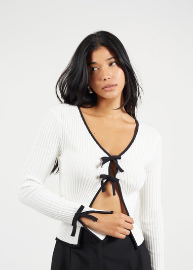 Brave Soul Cream Ribbed Knitted Cardigan with Bow Fastening