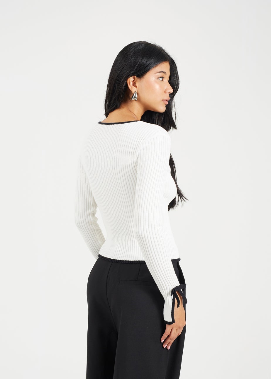 Brave Soul Cream Ribbed Knitted Cardigan with Bow Fastening