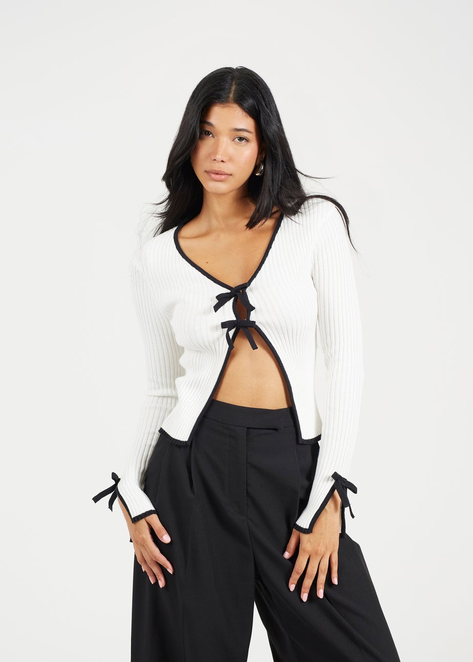 Brave Soul Cream Ribbed Knitted Cardigan with Bow Fastening