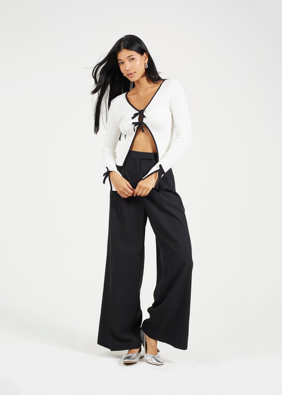 Brave Soul Cream Ribbed Knitted Cardigan with Bow Fastening