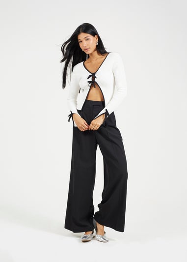 Brave Soul Cream Ribbed Knitted Cardigan with Bow Fastening