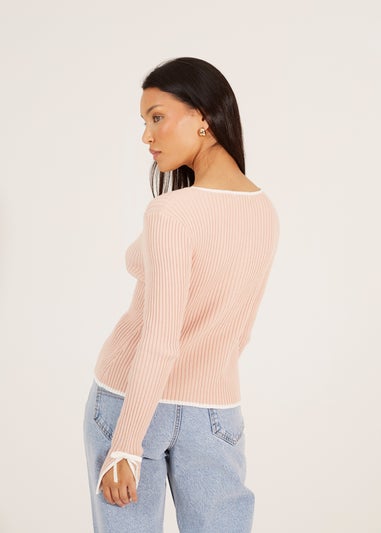 Brave Soul Pale Pink Ribbed Knitted Cardigan with Bow Fastening