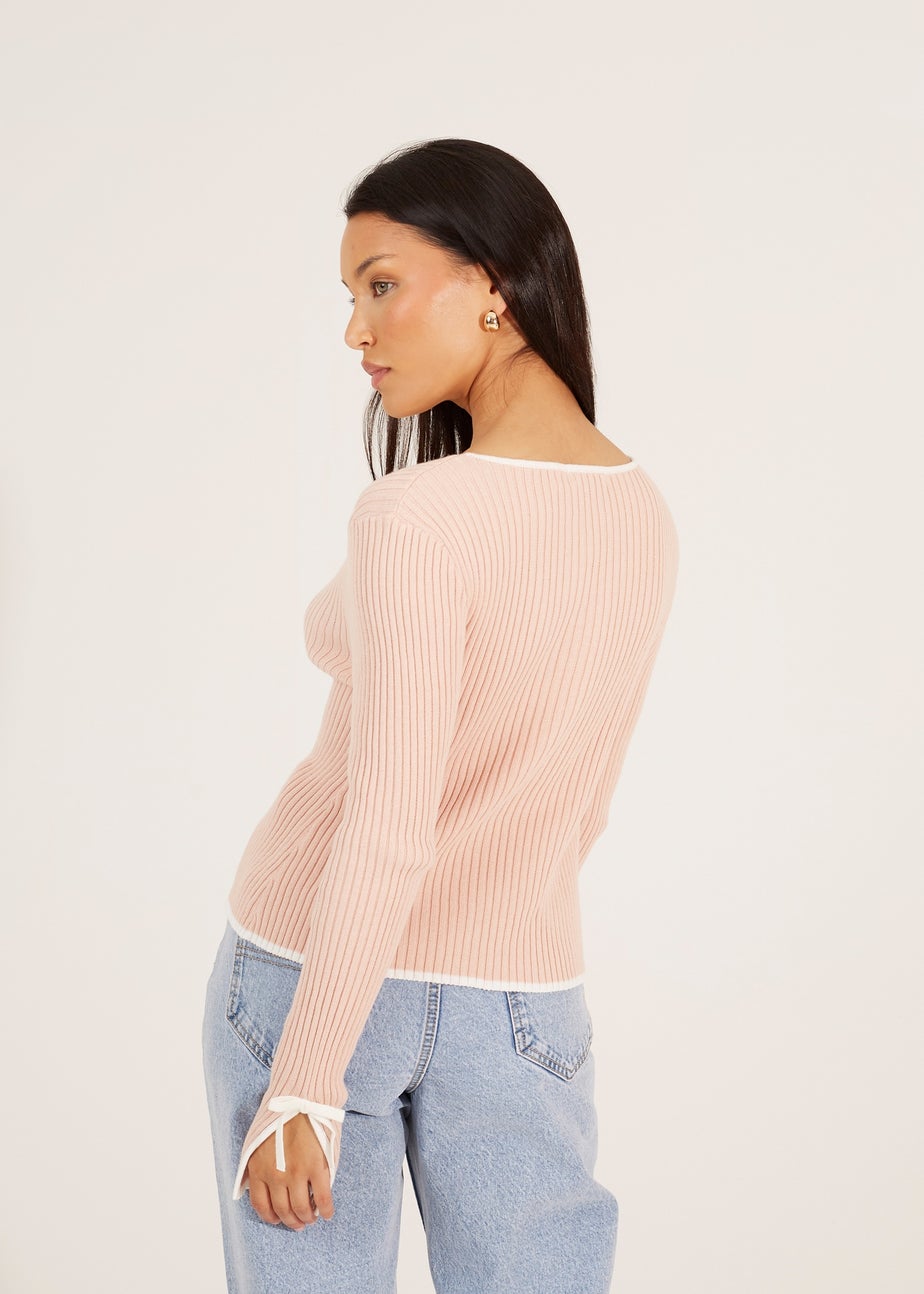 Brave Soul Pale Pink Ribbed Knitted Cardigan with Bow Fastening