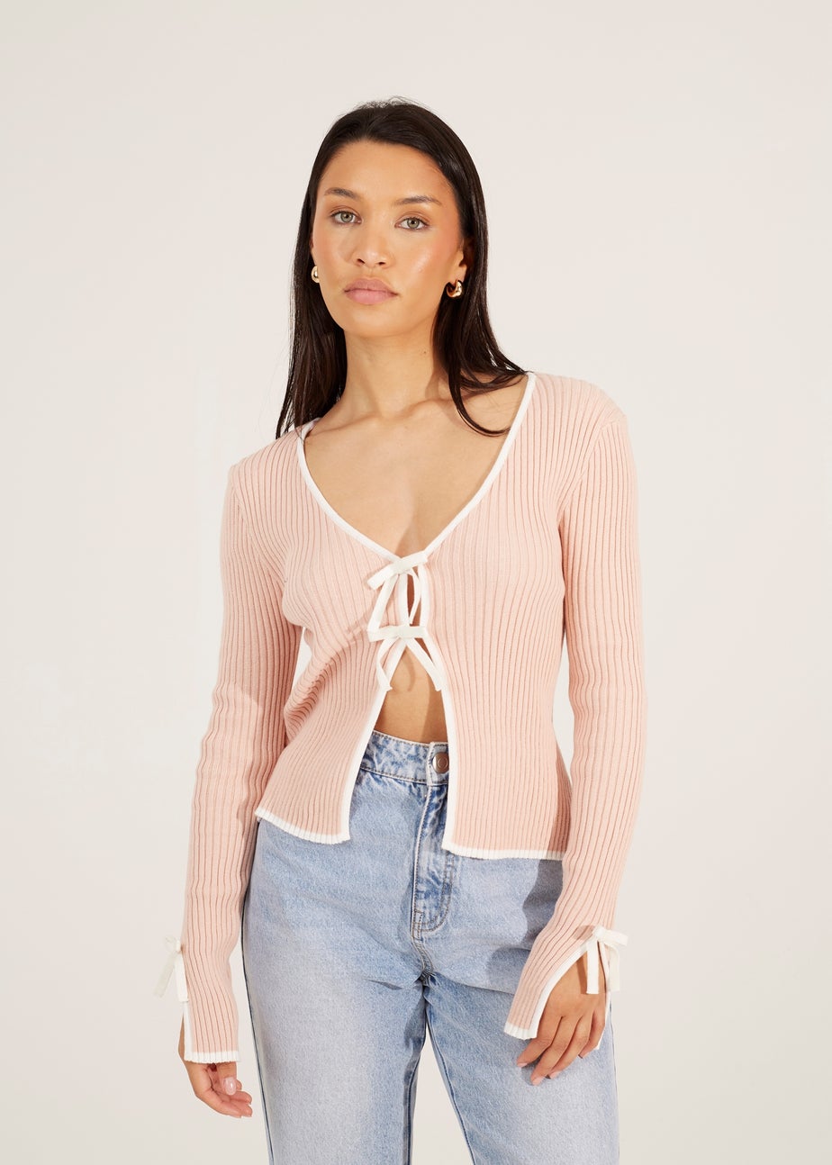 Brave Soul Pale Pink Ribbed Knitted Cardigan with Bow Fastening