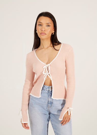 Brave Soul Pale Pink Ribbed Knitted Cardigan with Bow Fastening