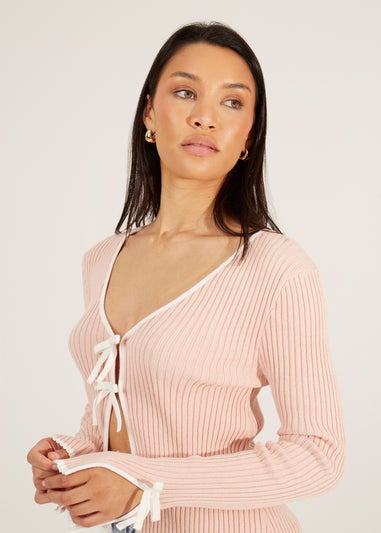 Brave Soul Pale Pink Ribbed Knitted Cardigan with Bow Fastening