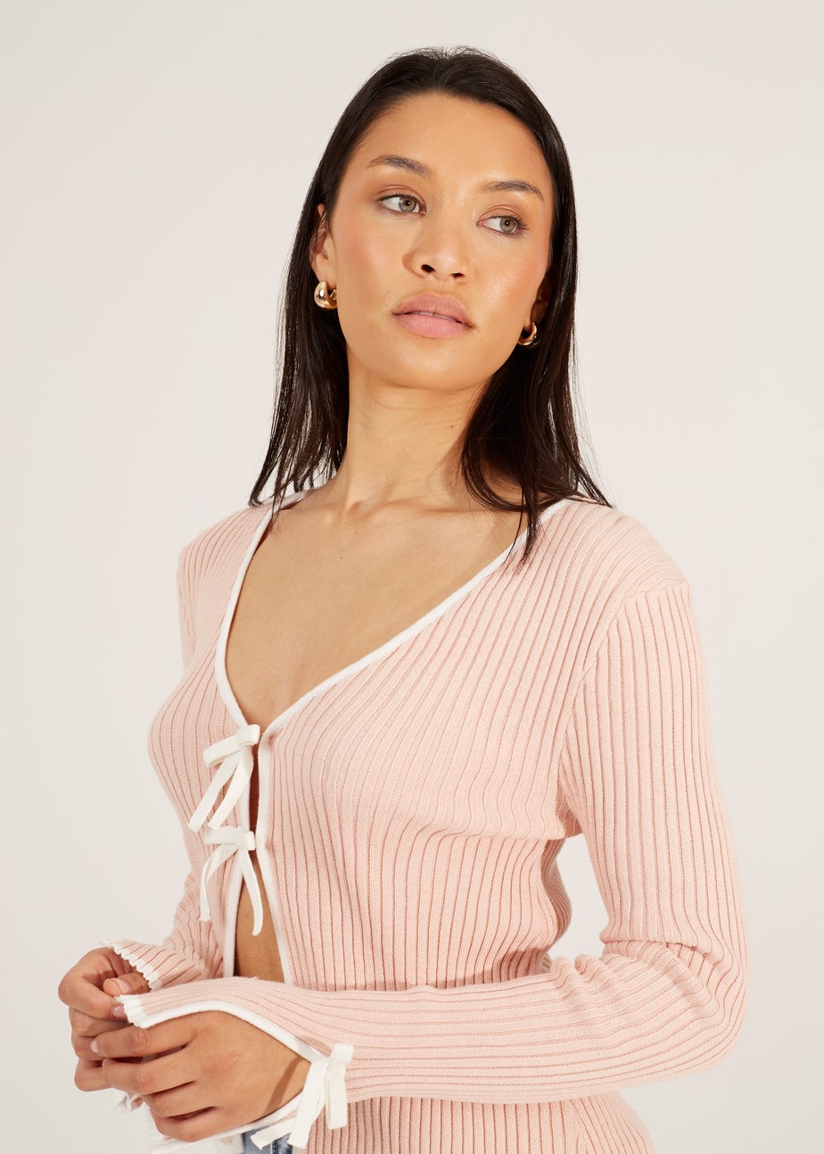 Brave Soul Pale Pink Ribbed Knitted Cardigan with Bow Fastening