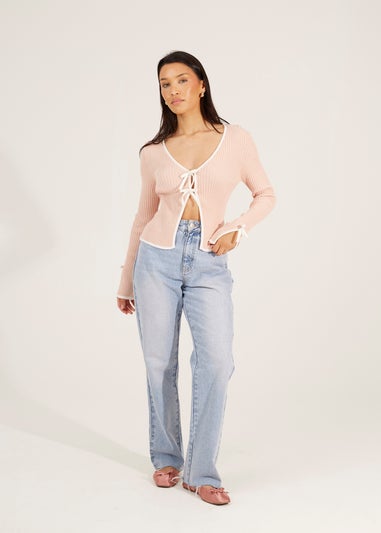 Brave Soul Pale Pink Ribbed Knitted Cardigan with Bow Fastening