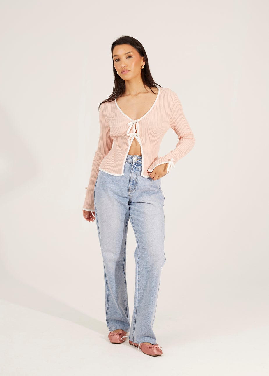 Brave Soul Pale Pink Ribbed Knitted Cardigan with Bow Fastening