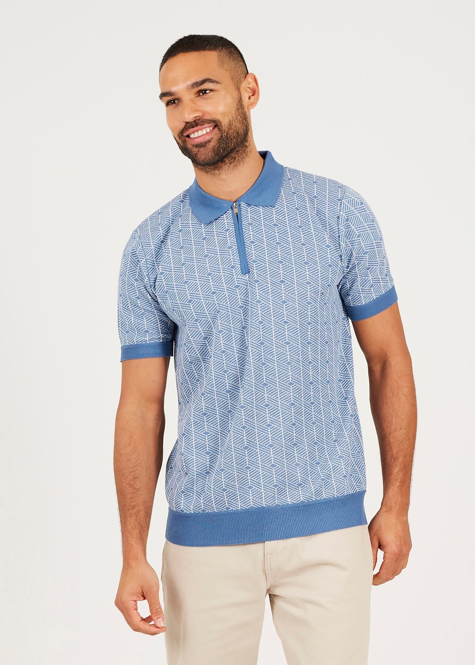 Brave Soul Blue Short Sleeve Jaquard Knitted Polo Shirt