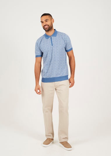 Brave Soul Blue Short Sleeve Jaquard Knitted Polo Shirt