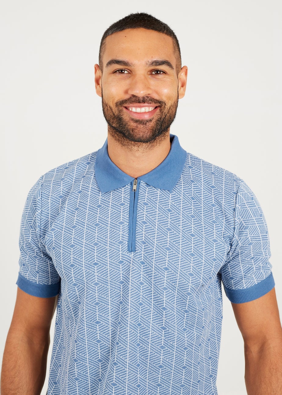 Brave Soul Blue Short Sleeve Jaquard Knitted Polo Shirt