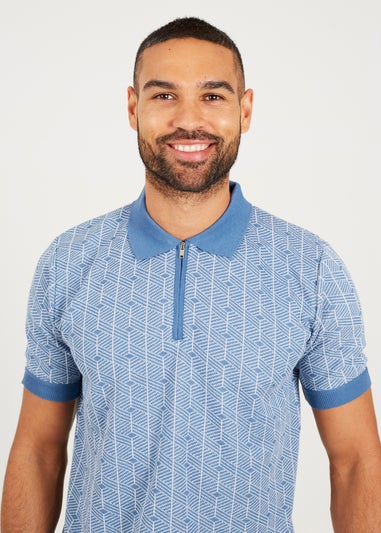 Brave Soul Blue Short Sleeve Jaquard Knitted Polo Shirt