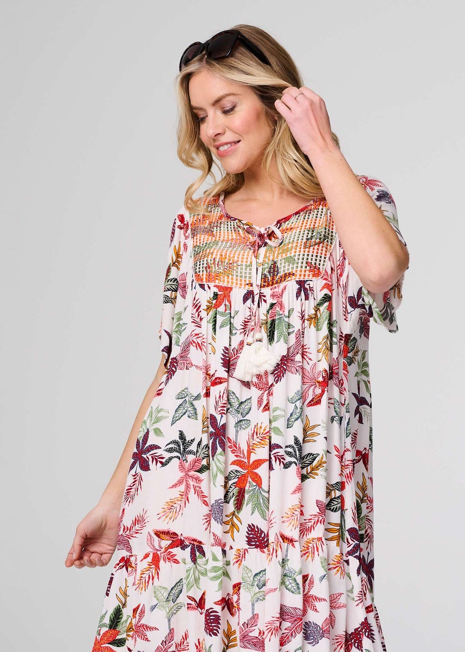 Izabel London White Tropical Print Tie Neck Knee Length Dress
