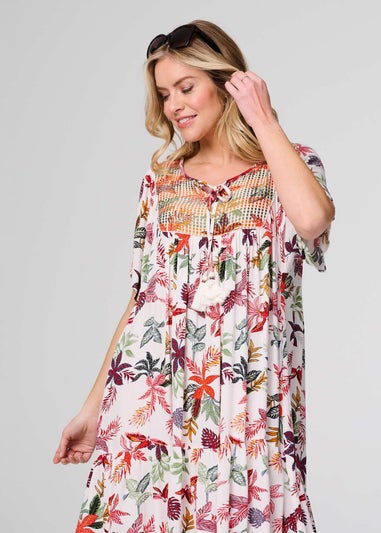 Izabel London White Tropical Print Tie Neck Knee Length Dress