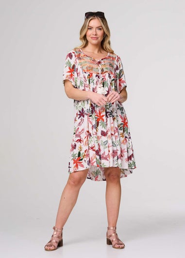 Izabel London White Tropical Print Tie Neck Knee Length Dress