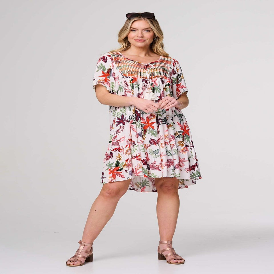 Izabel London White Tropical Print Tie Neck Knee Length Dress