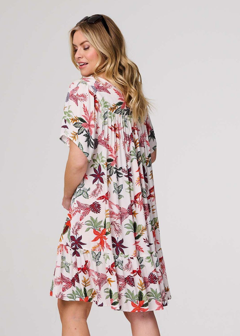 Izabel London White Tropical Print Tie Neck Knee Length Dress